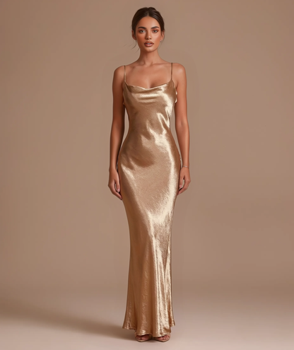 Cleopatra gold satin maxi slip dress by Éna The Label
