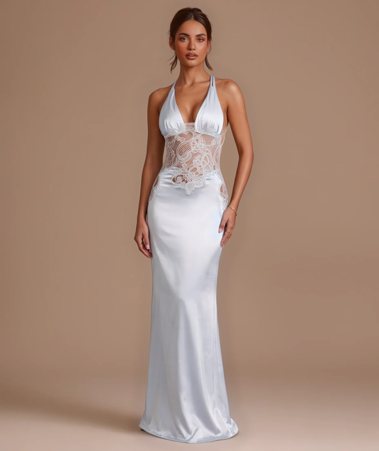 Esmeralda baby blue satin maxi dress by Éna The Label