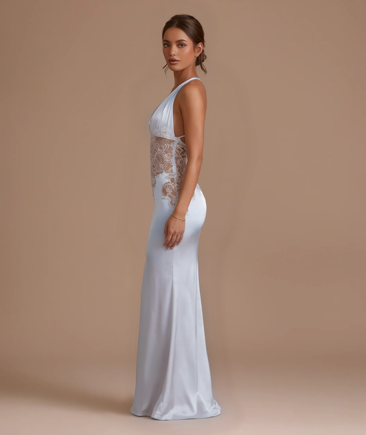 Esmeralda baby blue satin maxi dress by Éna The Label – view 2