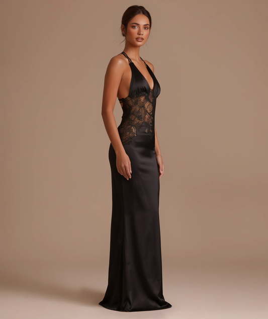 Esmeralda black satin lace maxi dress by Éna The Label – view 2