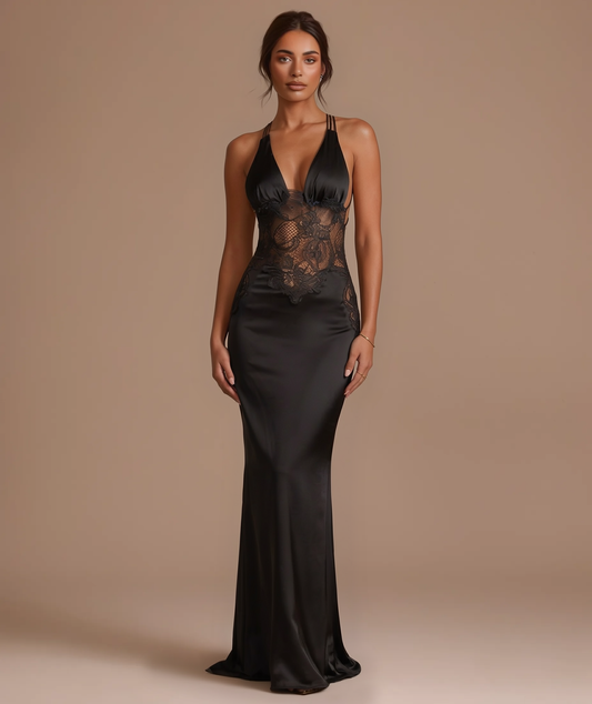 Esmeralda black satin lace maxi dress by Éna The Label