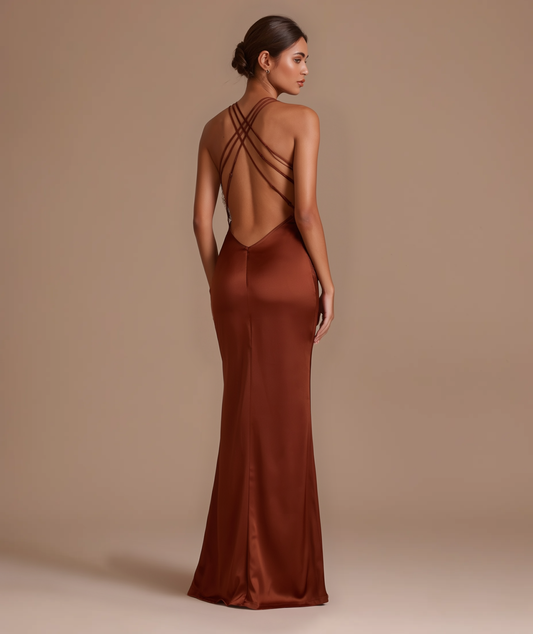 Esmeralda brown satin lace maxi dress by Éna The Label – view 2