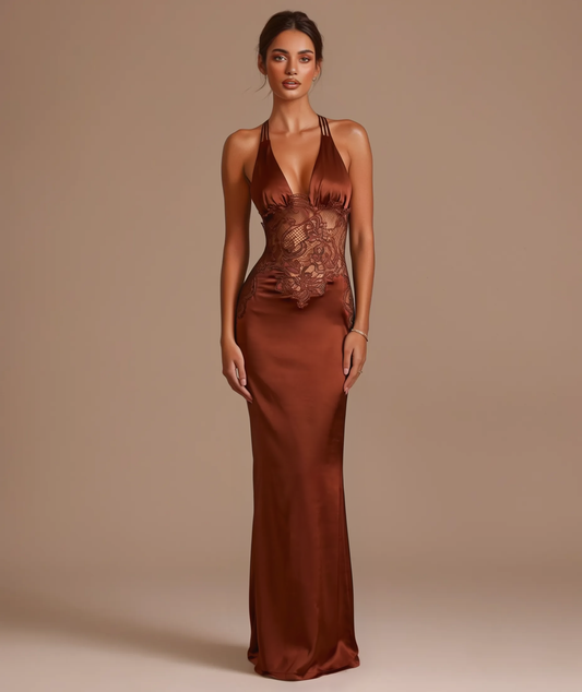 Esmeralda brown satin lace maxi dress by Éna The Label