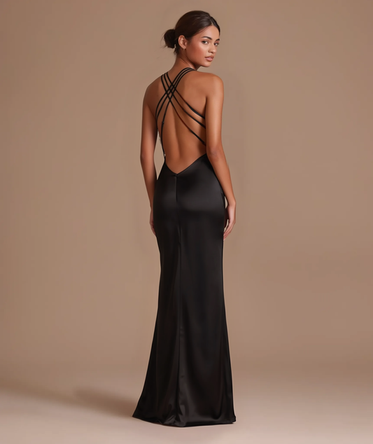 Esmeralda black satin lace maxi dress by Éna The Label – view 3